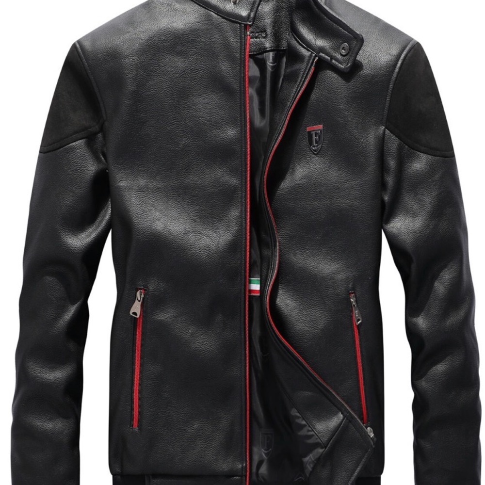 Ferrari Black Leather Bomber Jacket with Red Trim